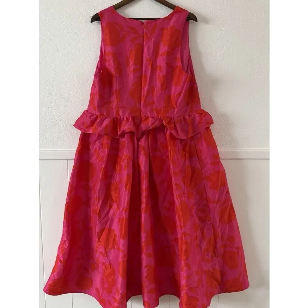 Kate Spade New York NWT Floral Jacquard Midi Dress 17 Pink Red Ruffle Waist - Picture 8 of 10